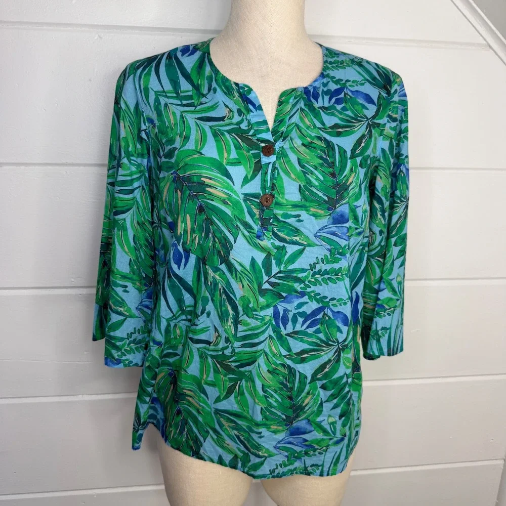 J. Jill Two Piece Set Small Green Blue Tropical Cruise Resortwear Matching